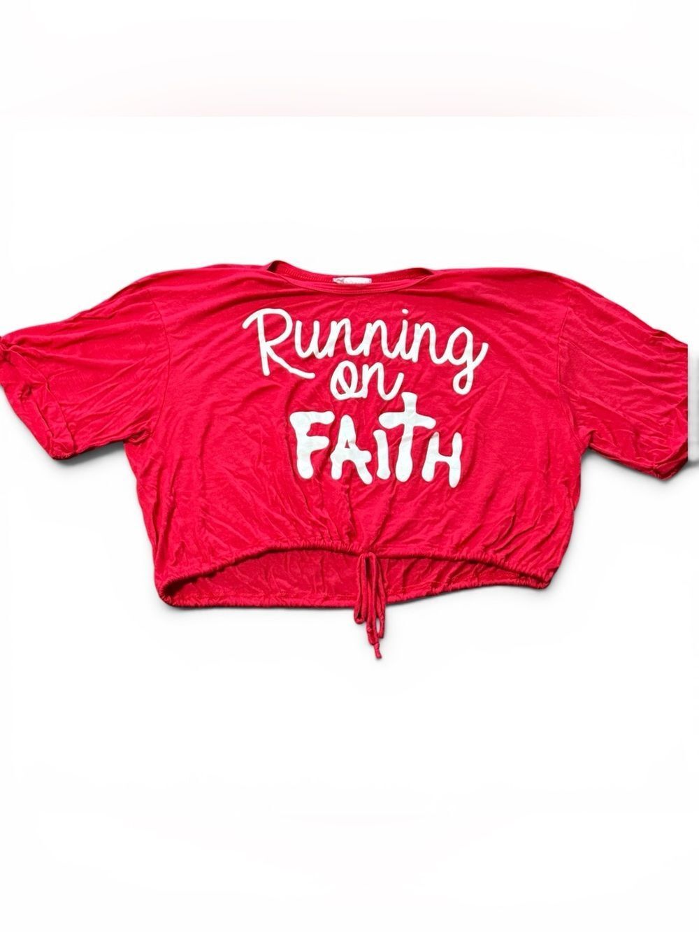 Top Girl LA Cropped Short Sleeve Running On Faith Shirt Red White Large